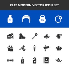 Fototapeta premium Modern, simple vector icon set with helmet, construction, equipment, flame, weight, sign, planet, soap, hammer, thermometer, fire, wax, earth, industry, spray, nature, phone, worker, work, tool icons
