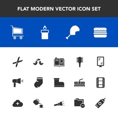 Modern, simple vector icon set with brush, work, decoration, garden, meat, candle, cut, beauty, chicken, winter, leather, retail, comb, textbook, street, pigeon, trolley, communication, sign icons