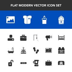 Modern, simple vector icon set with decoration, fire, snack, food, french, bathroom, photo, business, frame, baby, human, loudspeaker, wax, image, white, fireplace, plate, child, communication icons