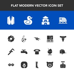 Modern, simple vector icon set with transport, music, war, rubber, water, travel, toy, tool, dessert, dinner, asia, vehicle, sausage, hat, crane, pagoda, space, exploration, industrial, gun, van icons