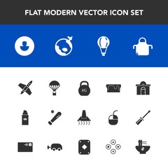Modern, simple vector icon set with world, extreme, hood, pie, real, business, apron, rocket, fashion, sport, baseball, estate, ball, league, sweet, parachuting, building, aroma, house, sky icons