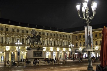 Turin, Piedmont, Italy May 12 2018. Piazza San Carlo at night, one of the most beautiful squares in Turin.