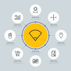 Circle network chart business, mobile, shopping infographic template with 8 options for presentations, advertising, annual reports.