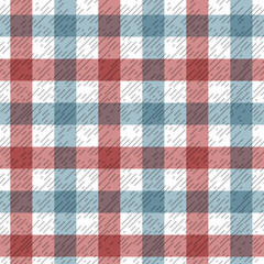 Red and blue tartan plaid fabric on white seamless pattern, vector