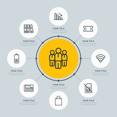 Circle network chart business, mobile, shopping infographic template with 8 options for presentations, advertising, annual reports.