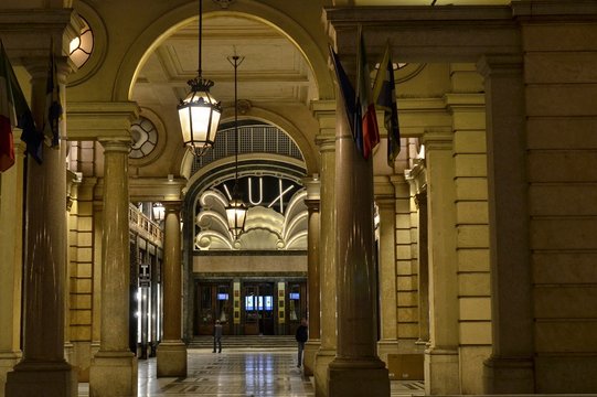 Turin, Piedmont, Italy. May 12, 2018. The Lux cinema (1934), in the San Federico gallery. Point of view from the adjacent Via Roma