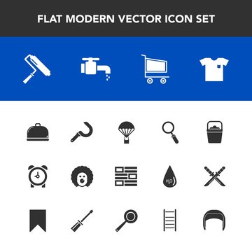 Modern, simple vector icon set with parachute, new, retail, object, clown, sickle, harvesting, parachuting, fashion, scary, roller, shirt, farming, news, jump, market, handle, tool, bucket, food icons