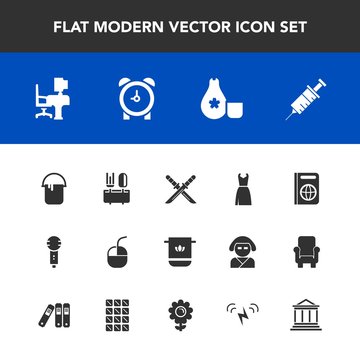Modern, simple vector icon set with table, computer, dress, drill, song, travel, interior, japanese, dentistry, restaurant, bathroom, sake, color, document, weapon, clinic, sword, music, spoon icons