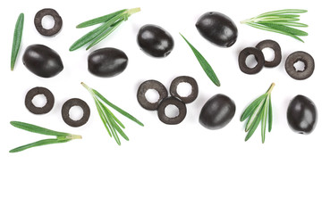 whole and sliced black olives with rosemary leaves isolated on white background. Top view. Flat lay pattern
