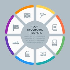 Circle chart business, industry, buildings infographic template with 8 options for presentations, advertising, annual reports