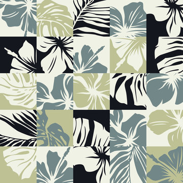 Basic CMYTropical leaves and hibiscus flowers vector abstract patchwork seamless pattern