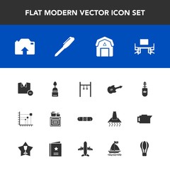 Modern, simple vector icon set with guitar, music, medicine, sport, work, food, white, modern, clothes, fashion, musical, stationery, dessert, barn, staple, data, health, parachute, oven, black icons