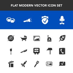 Modern, simple vector icon set with nature, plant, flashlight, electric, chat, drink, drawer, restaurant, bar, no, pram, natural, chair, security, fun, wine, kid, light, picture, bucket, frame icons