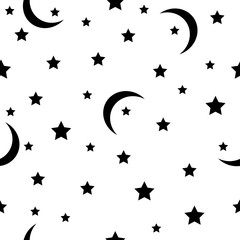Seamless pattern with black stars and moons