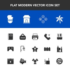 Modern, simple vector icon set with equipment, award, machine, technology, spoon, retro, page, game, banner, paper, graphic, button, place, call, fun, bath, winner, sign, store, play, printer icons