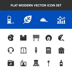 Modern, simple vector icon set with headphone, finance, graph, character, sweet, circus, seafood, modern, white, street, food, thermometer, cap, clothing, fashion, music, chart, new, fish, sea icons