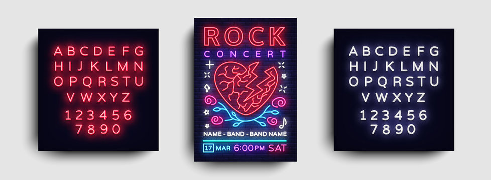 Rock music concert poster vector. Design Template Rock Music Festival, Neon Style, Neon Banner, Light Flyer, Concert Invitation, Rock Roll Music, Night Party Invitation. Vector. Editing neon sign