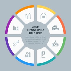 Circle chart business, industry, buildings infographic template with 8 options for presentations, advertising, annual reports
