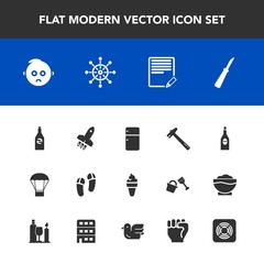Modern, simple vector icon set with tool, sweet, sign, rudder, liquid, glass, balloon, kid, ship, wheel, sad, wrench, drink, helm, rocket, slipper, document, kitchen, bottle, equipment, cute icons