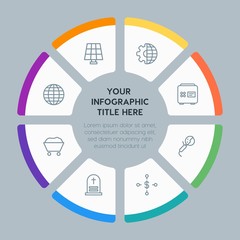 Circle chart business, industry, buildings infographic template with 8 options for presentations, advertising, annual reports