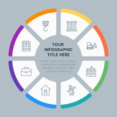 Circle chart business, industry, buildings infographic template with 8 options for presentations, advertising, annual reports