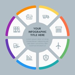 Circle chart business, industry, buildings infographic template with 8 options for presentations, advertising, annual reports
