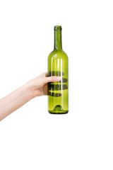 Female hand holding empty glass bottle isolated on white. Recyclable waste. Recycling, reuse, garbage disposal, resources, environment and ecology concept