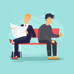 Businessman and unemployed are sitting on a bench. Flat design vector illustration.