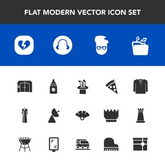 Modern, simple vector icon set with heart, female, music, piano, food, train, sign, present, clothing, bottle, broken, lunch, gift, elevator, nutrition, fan, vehicle, fashion, transport, sensu icons