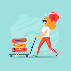 Woman running with a suitcase cart, vacation, summer, adventure. Time to travel. Flat design vector illustration.