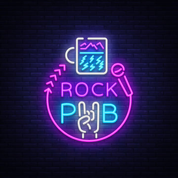 Rock Pub Logo Neon Vector. Rock Bar Neon Sign, Concept with a glass, Bright Night Advertising, Light Banner, Live Music, Karaoke, Night Club, Neon Signboard, Design Element. Vector illustration