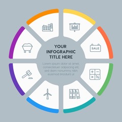 Circle chart business, industry, buildings infographic template with 8 options for presentations, advertising, annual reports