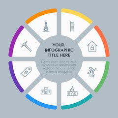 Circle chart business, industry, buildings infographic template with 8 options for presentations, advertising, annual reports
