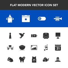 Modern, simple vector icon set with clothing, power, desk, switch, chess, plastic, business, dish, table, bottle, creative, origami, photo, milk, trumpet, work, nutrition, battery, paper, white icons