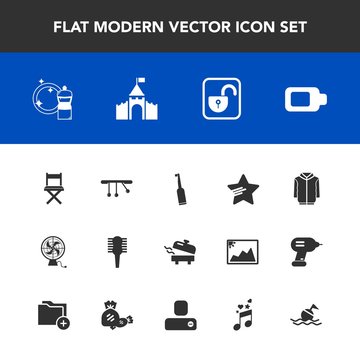 Modern, simple vector icon set with brush, castle, air, help, star, musical, seat, protection, unlock, lock, person, pendulum, care, hair, clothing, broom, heater, building, lifebuoy, comb, sign icons