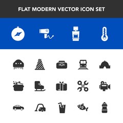 Modern, simple vector icon set with style, fashion, transportation, holiday, sign, space, machine, gift, monster, ice, fiction, bag, map, dryer, food, adventure, train, travel, hairdryer, cold icons