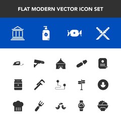 Modern, simple vector icon set with weapon, sport, candy, mascara, destination, circus, banking, tent, business, lollipop, position, iron, repair, electric, brush, travel, japanese, sword, point icons