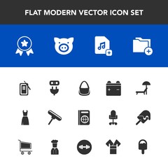 Modern, simple vector icon set with battery, animal, business, full, pig, first, umbrella, award, tool, swine, travel, japan, chair, plug, dress, female, passport, bag, beach, electricity, power icons