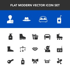 Modern, simple vector icon set with footwear, holiday, sport, skate, furniture, cold, lips, sheriff, toy, boot, bottle, hygiene, drink, gift, newborn, double, mobile, bedroom, teeth, skating icons