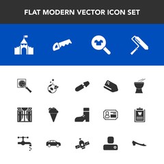 Fototapeta premium Modern, simple vector icon set with makeup, clothing, percussion, science, music, white, dessert, footwear, woman, space, black, foot, cream, mascara, light, tool, astronaut, work, medieval, saw icons