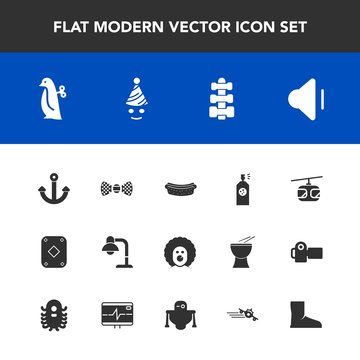 Modern, simple vector icon set with volume, train, fitness, interior, party, spray, meat, hotdog, equipment, poker, game, paint, home, marine, holiday, transportation, music, toy, sky, rail, bow icons