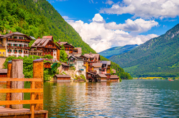 Fototapeta na wymiar Fantastic view on Hallstatt village and alpine lake, Austrian Alps, Salzkammergut, Austria, Europe