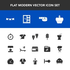 Modern, simple vector icon set with coffee, dessert, cabinet, music, fruit, sunny, background, celebration, musical, clothes, flag, furniture, sea, ufo, sticky, flipper, home, north, ice, alien icons
