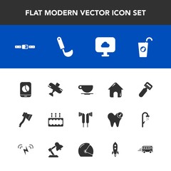 Modern, simple vector icon set with kitchen, potato, juice, aircraft, coffee, music, cappuccino, chart, fresh, travel, building, speed, house, dessert, plane, transport, cafe, bus, sweet, cloud icons