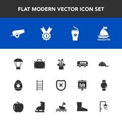 Modern, simple vector icon set with leather, fashion, closed, coffee, easter, nautical, air, winner, sail, gun, boot, transportation, clothing, bus, award, decoration, magic, spring, board, bag icons