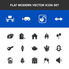 Modern, simple vector icon set with work, desk, protection, key, unlock, breakfast, real, gym, house, security, dessert, drink, celebration, space, ice, restaurant, music, kitchen, table, tea icons