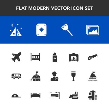 Modern, simple vector icon set with plane, avatar, work, fireplace, cradle, picture, profile, camp, bus, image, beauty, delete, bottle, frame, outdoor, transportation, ice, road, saw, house, bed icons