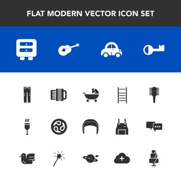 Modern, simple vector icon set with car, stroller, sweet, ladder, drink, pram, japanese, alcohol, equipment, comb, fashion, beauty, music, transportation, brush, vehicle, helmet, automobile, add icons
