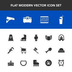 Modern, simple vector icon set with trolley, surveillance, market, baby, brush, beverage, clock, street, ice, industrial, road, bellboy, cup, repair, retail, winter, gadget, cart, traffic, sign icons