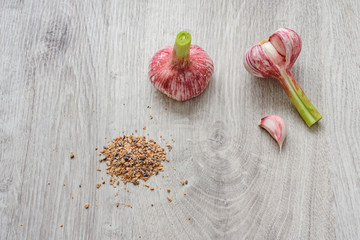 Fresh young garlic straight from the garden to the kitchen and ground garlic for dry seasonings on a wooden background